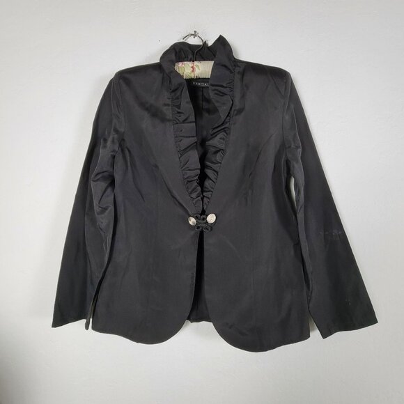 Barisal Womens Ruffled Collar Blazer Jacket Size 40 Black Career Single Breasted - Picture 1 of 7